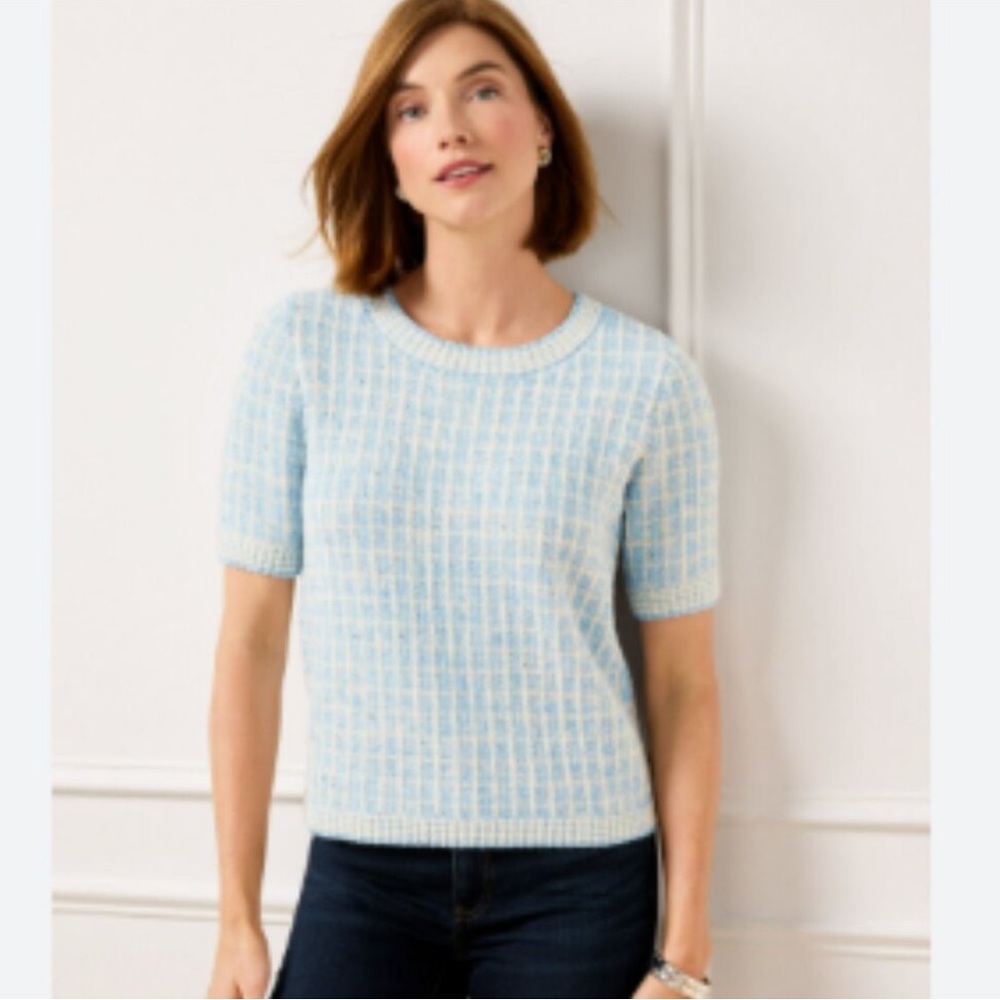 2PC set, Talbots Sweater Set Women's M, Blue Hydrangea/Ivory Sequin Plaid - Picture 2 of 4